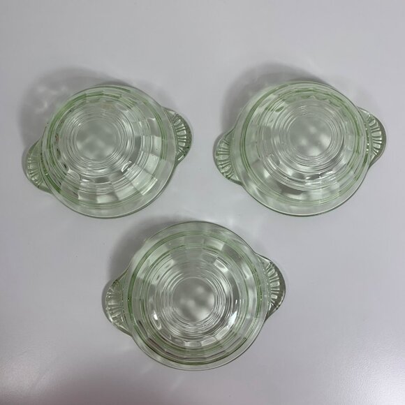 Set Of 3 VTG Uranium Glass Custard Cups Handles Ribbed Design Glows - Picture 3 of 8